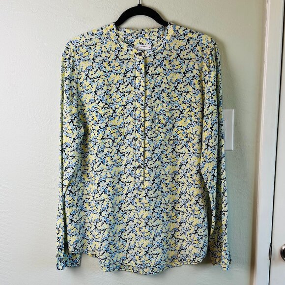 Equipment Silk Floral Blouse Size L Yellow Blue Print Popover - Picture 1 of 8